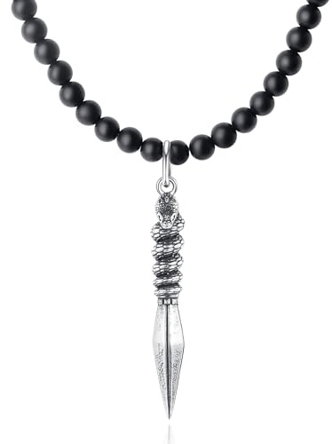 GAVU Herrenhalskette mit Matten Onyxperlen und Edelstahl Vajra Tibetanischer Schlangenanhänger