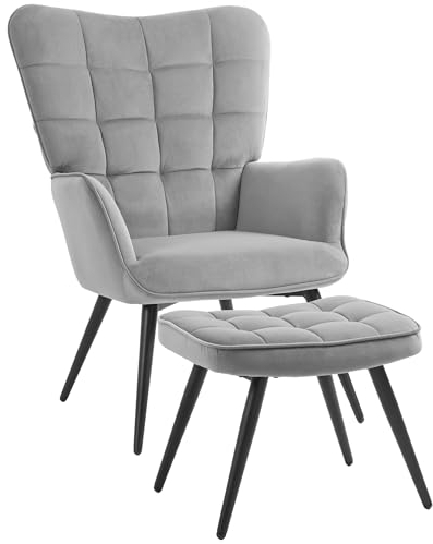 HOMCOM Ohrensessel mit Hocker Sessel Loungesessel mit Samtoptik, Modern Relaxsessel, Fernsehsessel, Polstersessel für Wohnzimmer, Schlafzimmer, Hellgrau