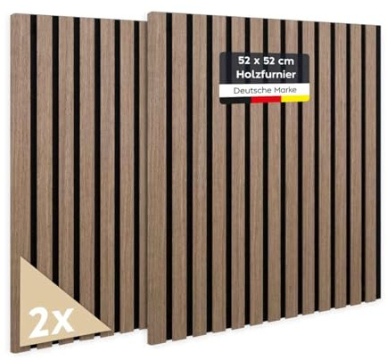 JELLE & JACOB Panneaux acoustiques muraux en placage bois noyer 52 x 52 cm, lot de 2 panneaux tasseaux sur feutre acoustique noir, lamelles 3D, acoustique agréable - déco intérieure scandinave
