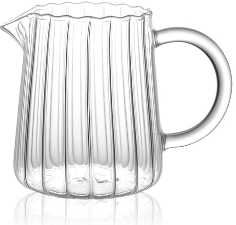 Small Glass Pitcher 8.5 Oz, Mini Creamer Pitcher for Coffee Bar, Clear Glass Milk Server for Tea, Syrup or Cream, Ribbed Carafe with Handle and Spout, 1 Pack