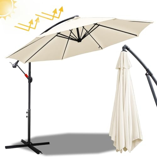 Fiqops Garden Cantilever Parasol, 3.5M Banana Hanging Umbrella with Crank Handle & Vented Top, 8 Ribs and Cross Base, Sunshade with UPF 30+ Protection for Outdoor Market Yard Pool, Beige
