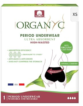 Braga reutilizable Organyc para menstruales, ultraabsorbente, talla XS, color negro