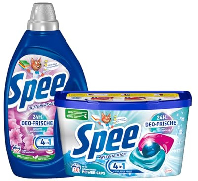 SPEE Deo-Frische-Set Gel 22 Waschladungen & Power Caps 18 Waschladungen Deo-Frische Blütenfrische & Frische-Kick, 4 + 1 Formel, für Temperaturen ab 20° C