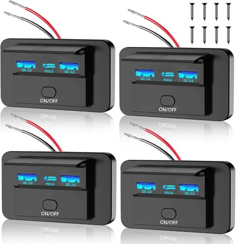 4PCS 3 Ports 12V RV USB Outlet 72W, Gibbab Dual USB QC3.0 36W & PD3.0 Type-C Quick Charge 36W Panel Wall Mount, Automotive Car Socket Charger Adapter for RV Marine Boat Bus ATV Motorcycle Truck