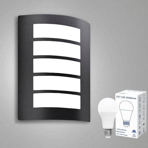 Allesgute Outdoor Wall Lights Mains Powered Curved Outside Wall Light Matte Black Exterior IP44 Waterproof Wall Lamp for Porch, Patio, Front Door, Incl. 12W Cool White E27 Bulbs