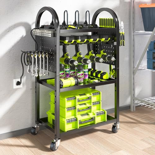 KAFAHOM Power Tool Organizer Cart with Charging Station,Garage Floor Rolling Storage on Wheels for Mechanic,Mobile 8 Drill Holder, Utility Cart with Battery Charging 8 Outlet Power Strip