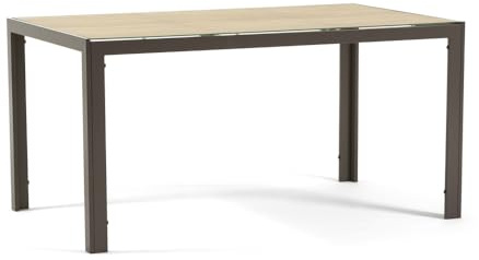 SIEDITI FUORI E DENTRO Tavolo rettangolare 150x90 cm in alluminio con top in vetro decorato per esterno e giardino o interno, cucina e sala da pranzo Milo (Struttura Tortora, Vetro effetto Legno)