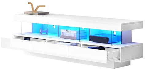 Azkoeesy Meuble TV brillant de 160 cm avec éclairage LED et commande par application Bluetooth, avec paroi en verre, commode à 3 tiroirs, meuble TV, banc TV (blanc)