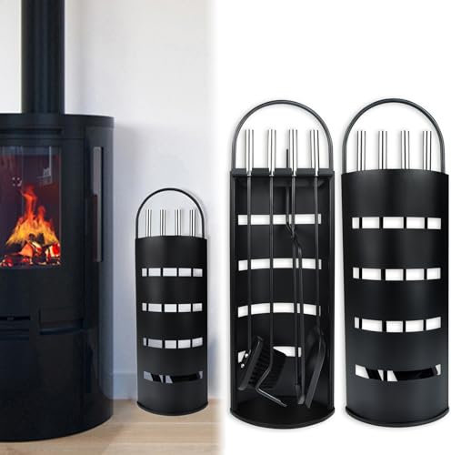 MAYTIIMO Set di 5 accessori per camino, in acciaio inox, colore nero, set per la pulizia del caminetto
