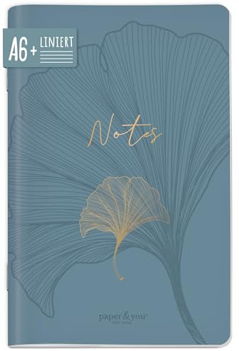 paper&you® Notizheft A6+ liniert Blue Ginkgo mit 64 Seiten, Softcover Notizbuch klein, liniertes Mini Journal - nachhaltig & klimafreundlich