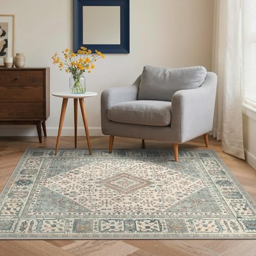 GENIMO Orientalischer Vintage Teppich Salbeigrün, Waschbar, 120x170 cm | Klassisches orientalisches Medaillonmuster in Salbeigrün, waschbar und rutschhemmend – für Wohn- und Schlafzimmer.