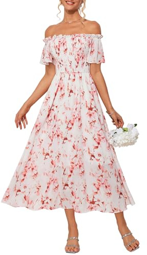 Damen Kleider Elegant Blumen Off Shoulder Sommerkleid A-Linie Maxikleid Damen mit Taschen Weiß-Rosa Blume L