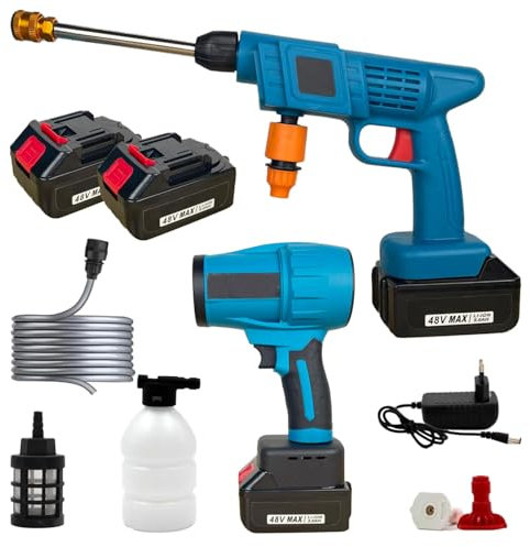 K2 STORE - KIT Idropulitrice Portatile a Batteria 48V con Mini Soffiatore, 2 Batterie Intercambiabili, Senza Fili – Ideale per Auto, Giardino e Superfici Esterne