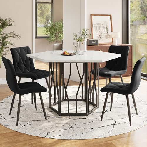 Gxffipw Essgruppe Esstisch mit 4 Stühlen Set für 4 Personen, Weiß Esstisch Marmor 115.5x100x75 cm mit Metallbeinen und Schwarz Samt Esszimmerstühle, Esszimmermöbel, Küchenmöbel