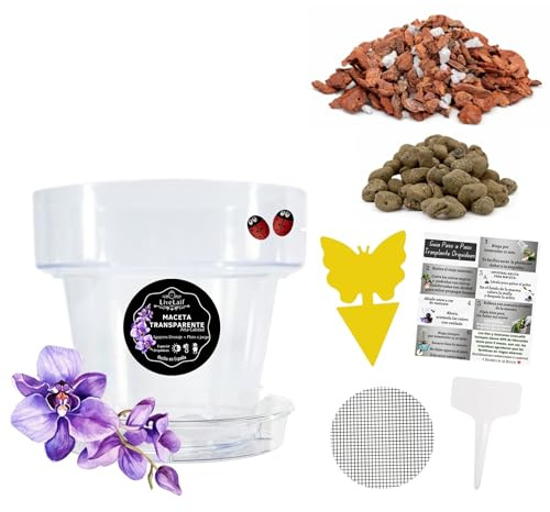 LiveLaif® Kit Trasplante Orquídeas: Maceta Orquídea Transparente Ø17cm (Agujeros y Plato) + Sustrato Orquídeas Premium con Corteza de Pino, Coco, Arlita, Perlita, Vermiculita, Abono NPK + Accesorios