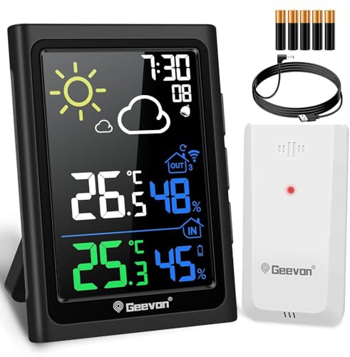 Geevon Wetterstation Funk mit Außensensor, Wetterstationen Innen und Außentemperatur Funk mit Wettervorhersage Digitales Thermometer Hygrometer (246278 Ohne DCF mit Batterien)