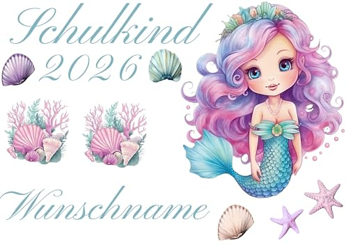Personalisiertes Bügelbild Set für Textilien,Schulkind 2026,Wunschname,personalisiert,Kinder,Einschulung,Meerjungfrau,Mermaid,Schulstart,Schule,T-Shirts,Turnbeutel,Schultüten,DIY,Geschenk,Projekt