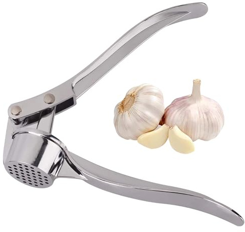 Heavy Duty Garlic Press and Crusher– Stainless Steel Garlic Mincer with Peeler, Ergonomic Handle, Easy to Use and Clean – Durable Kitchen Tool for Chopping Garlic, Ginger & More