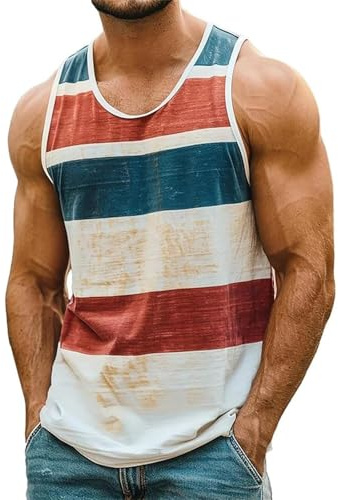 Camiseta Tirantes Hombre Verano Playa Moda Rayas Estampado Camiseta sin Mangas Hawaiano Chalecos Deportivos Regular con Cuello Redondo Cómodo Transpirable Casual Chandal Tank Top