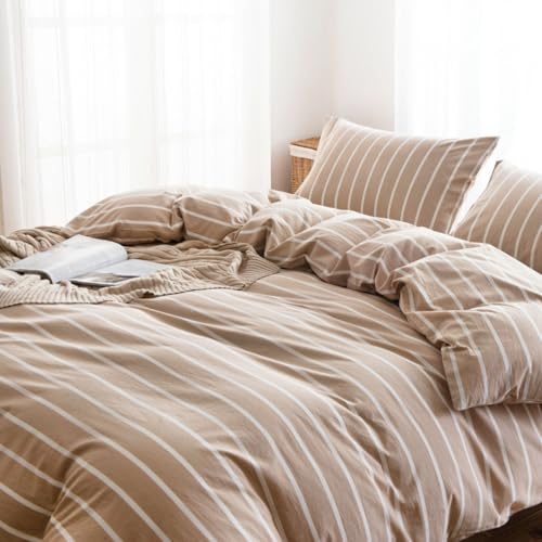 Nesture Bettwäsche 135x200 Baumwolle 2teilig, Gestreift Khaki | 100% Baumwolle, gewaschene Leinenoptik, 1x Bettbezug 135x200 + 1x Kissenbezug 80x80cm, Bettwäsche-Sets, Weich & atmungsaktiv
