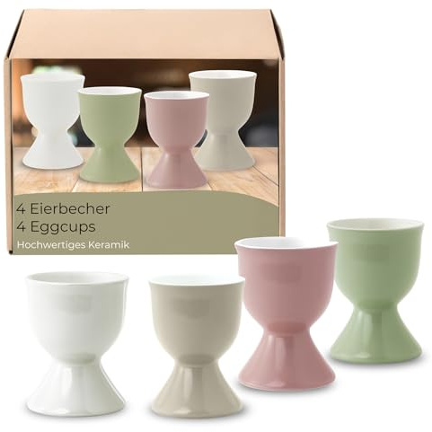 Lot de 4 coquetiers en céramique en 4 couleurs claires - Passent au lave-vaisselle - Pour table de petit-déjeuner