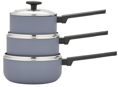 Morphy Richards 3-Piece Saucepan Set, Recycled Aluminium, 16cm, 18cm & 20cm Saucepans, Non Stick Coating, Soft Touch Handles, Suitable for All Hobs, Grey, 859002