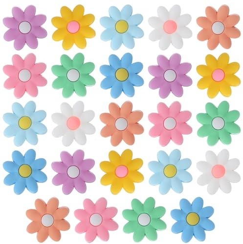 24 Stück Blumenförmige Silikonperlen,Bunt Blumen Perlen,Gänseblümchen Silikonperlen,Lose Bastelperlen,für Heimwerker Schlüsselanhänger, Schmuckherstellung, Halsketten, Armbänder, Stifte
