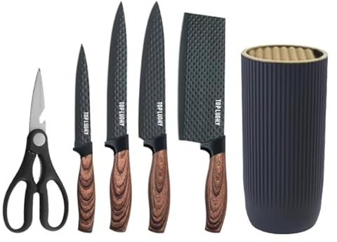 Set de 5 Couteaux de Cuisine Professionnels avec Bloc – Acier Inoxydable – Couteau Chef, Découpe, Pain – Manche Antidérapant – Kit Polyvalent Maison & Restaurant (Noir/effet Bois)