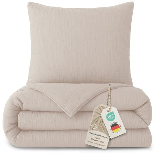 LAYNENBURG Premium Musselin Bettwäsche 155x220 cm + 80x80 cm - Oeko-Tex – 100% Baumwolle – atmungsaktiv & bügelfrei – 3 lagiges Musselin mit Reißverschluss & Haltebändern (beige)