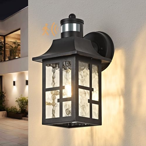 OKELI Outdoor Wall Lights with Motion Sensor, Exterior Waterproof Lantern, Front Porch Sconce Lighting with Water Ripple Glass Shade, Anti-Rust Wall Lamps Outside Lights for Garage (Black-1pack)