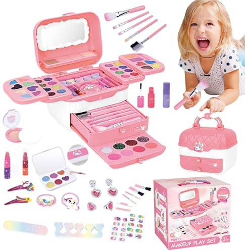 Las niñas juegan a maquillarse, jugar a maquillarse,Juguetes cosméticos reales lavables para niñas | Juego de maquillaje para niños con espejos para cumpleaños, Navidad, juego de maquillaje de