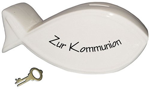 alles-meine.de GmbH Spardose - Zur Kommunion - mit Schlüssel & Schloss - weiß - stabile Sparbüchse aus Porzellan/Keramik - Sparschwein - ideal zum Bemalen & Bekleben/Bast..