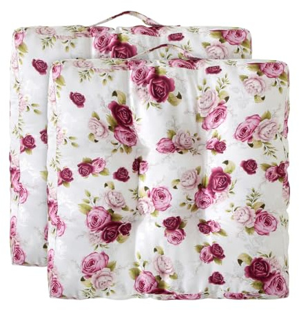 wometo 2er Set Landhaus Bodenkissen Sitzkissen 40x40 8cm Oeko-TEX rosa pink | gesteppte Rosen Sitzpolster / Stuhlkissen mit Steppung für Indoor und Outdoor, drinnen und draußen nutzbar