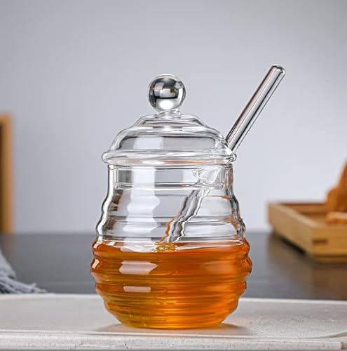 XIZHI Pot à miel transparent de 283,5 g avec cuillère et couvercle en verre style ruche pour la maison, la cuisine, le magasin