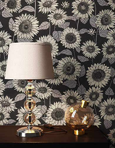 NEWROOM Papier peint Noir Fleur Intissé - Floral Gris Beige Tournesols Naturel Maison de Campagne