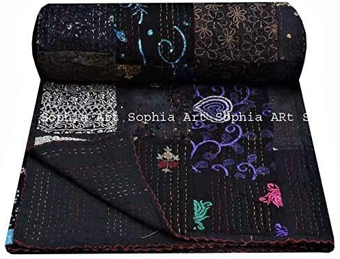 Hecho a Mano Vintage Print Hand Jari Patchwork King/Twin Size Bordado Kantha Edredón Decorativo para el hogar Edredón Kantha Colcha Manta India Coverlet Art (Black, 108 x 108)
