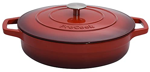 ProCook Red Shallow Oval Cast Iron Casserole Dish with Self Basting Lid Enamel Coated Induction & Oven Safe Cookware - 28cm / 3.9L