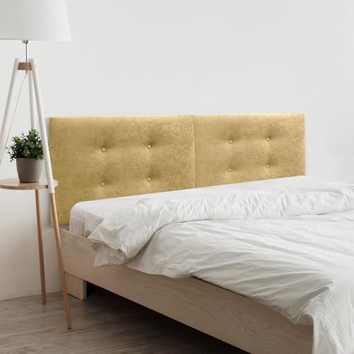 DHOME Kopfteil aus Kunstleder oder Acualinstoff mit 2 Reihen doppelter Knöpfe aufgeteilt in 2 Teile High End gepolstertes Kopfteil (Stoff Senf, 180cm Dual (Betten 180/190))