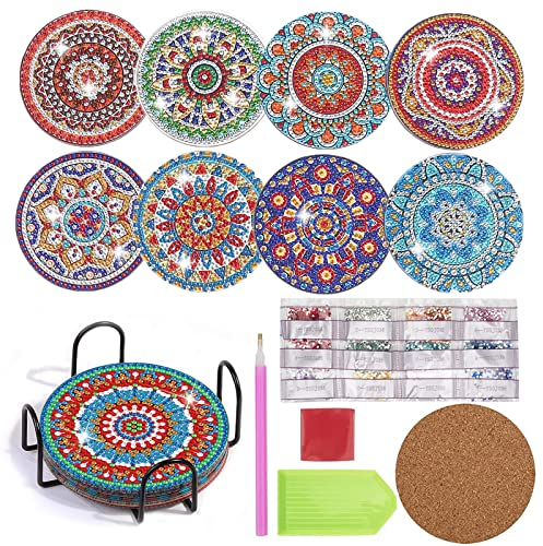 8 Pack Diamond Painting Untersetzer mit Halter, Wiederverwendbare Glasuntersetzer, DIY Mandala Tassenuntersetzer mit Diamanten und Montagewerkzeuge fur Tassen,Vasen, Kerzen Dekoratio