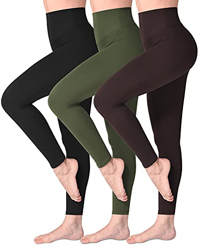SINOPHANT Legging Femmes Pantalon de Sport, Jegging Taille Haute Femme Yoga Opaque Doux Grande Taille(#3 pièces Noir/Vert armée/Marron,XXL)