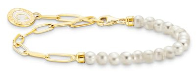 THOMAS SABO Member Charm-Armband mit weißen Perlen und Charmista Coin vergoldet 750 Gelbgold Vergoldung, 925 Sterlingsilber, Kaltemail