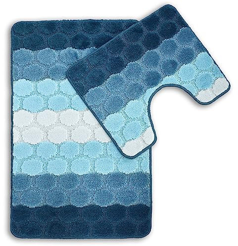Sue Rossi 2pc Bath Mat Set Non Slip, Bath & Pedestal Mats, Hex Stripe Design For Bathroom Toilet, 2 Piece, Soft, Absorbent And Slip Resistant (Blue)
