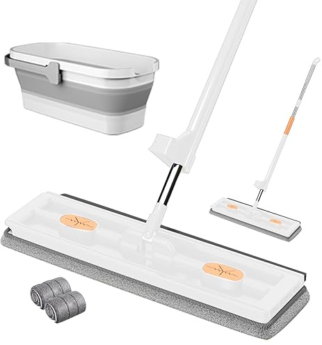 Großer Flachmop mit Putzeimer Set,Flach Bodenwischer Wischmopp Set mit Eimer,360° Drehbarer Bodenwischer mit Auswringfunktion Putzeimer Mopp mit Teleskop Griff und 2 Mikrofaser Wischpads (Grau)