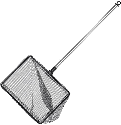 Pawfly 14cm Aquariu Fischkescher mit ausziehbarem Edelstahlgriff Größeres quadratisches Netz mit weichem feinmaschigem Schlammabsaugungs-Reinigungsnetz für Fischbecken, kleine Koi-Teiche und Pools