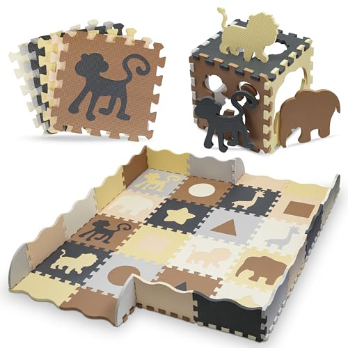 Spielmatte - Spielteppich - Babystudio - Spielmatte Baby - Foam Puzzlematte mit Tieren - Extra Dick 1,4 cm - 52 Teile - 8 Figuren - 6 Farben - Braun - Beige - Lachs - Gelb - Grau - Hellgrau