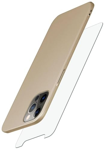 moex 3 in 1 Set für iPhone 12/12 Pro Hülle mit 2 x Panzer Schutzfolie Glas, Handyhülle Ultra dünn und leicht, [Alpha Case + ShockProtect Glas] Schutzhülle Stoßfest Matt, Gold