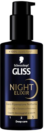 Schwarzkopf Gliss Night Elixir Siero Riparazione Notturna 100ml, Siero capelli con HAPTIQ System ed Estratto di Perla Nera, Prodotti per capelli danneggiati e secchi