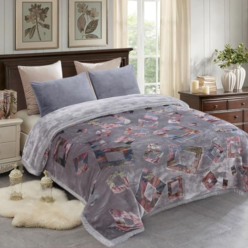 JML Plüsch-Fleecedecke, 221 x 238,8 cm, 4,8 kg, koreanischer Stil, Nerzdecke, King-Size-Größe für den Winter, weich und warm, 2-lagig, A&B Bedruckte geprägte Raschel-Bettdecke (Grauer Rahmen) | Koreanischer Stil, 2-lagig, A&B bedruckt, geprägt, Plüsch, weich, dick, warm für den Winter