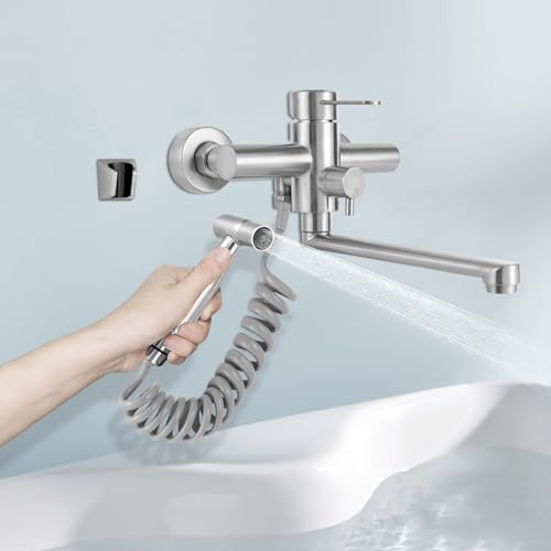 Wasserhahn Wandmontage, Küchenarmatur aus Edelstahl, Kalt- und Warmwasserhahn mit Spritzpistole, 3 Modi der Wasserabgabe, 360° Drehbar, Ausgussbecken Armatur, Schlauchlänge 1,5 m, für Küchen, Bäder,