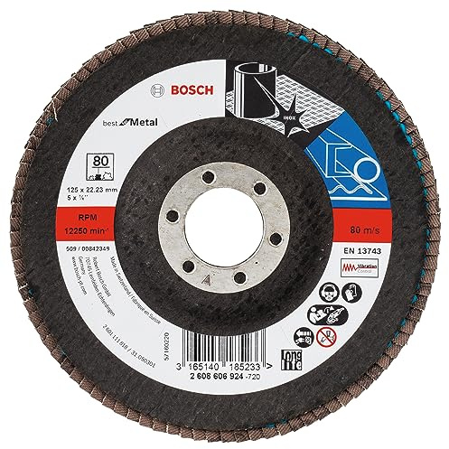Bosch Professional Fächerschleifscheibe (für Winkelschleifer verschiedene Materialien, bombierte Ausführung, 125 mm, Körnung 80) Schwarz/Braun 125mm x 22mm (Packung mit 10)